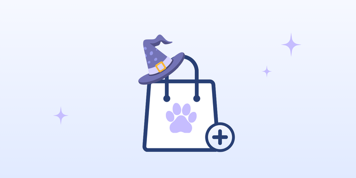 A pet gift bag wearing a witch hat